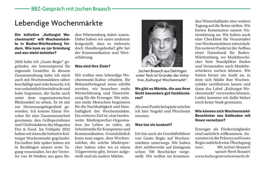 Interview der Badischen Bauernzeitung mit Jochen Braasch vom Kulturgut Wochenmarkt.